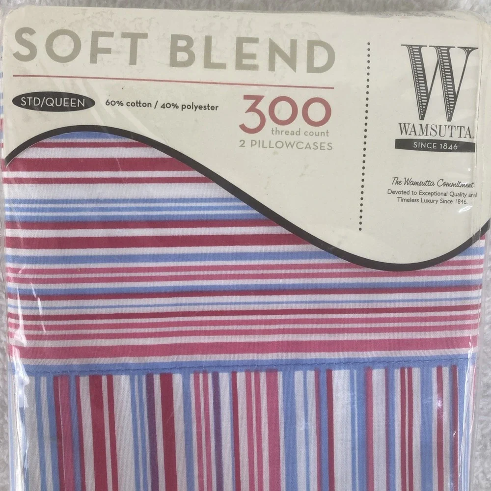 Wamsutta 300 Thread Count 2 Pillowcases Queen Stripe Red Blue‎ NOS Spring 2007